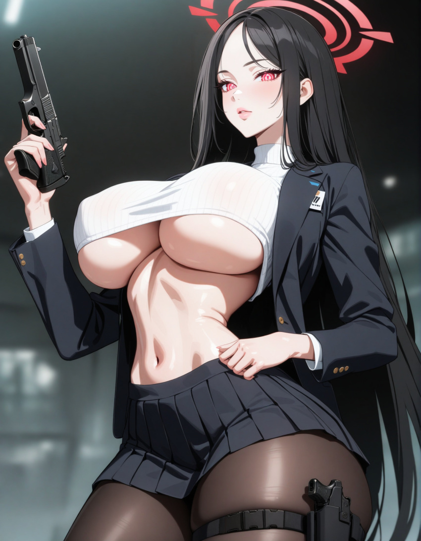 1girls ai_generated blazer blue_archive dark_hair firearm gun huge_breasts lewdwaifulaifu long_hair looking_at_viewer millennium_science_school_student pistol red_eyes rio_(blue_archive) seminar_(blue_archive) slim_waist thick_thighs thighs tsukatsuki_rio underboob weapon wide_hips