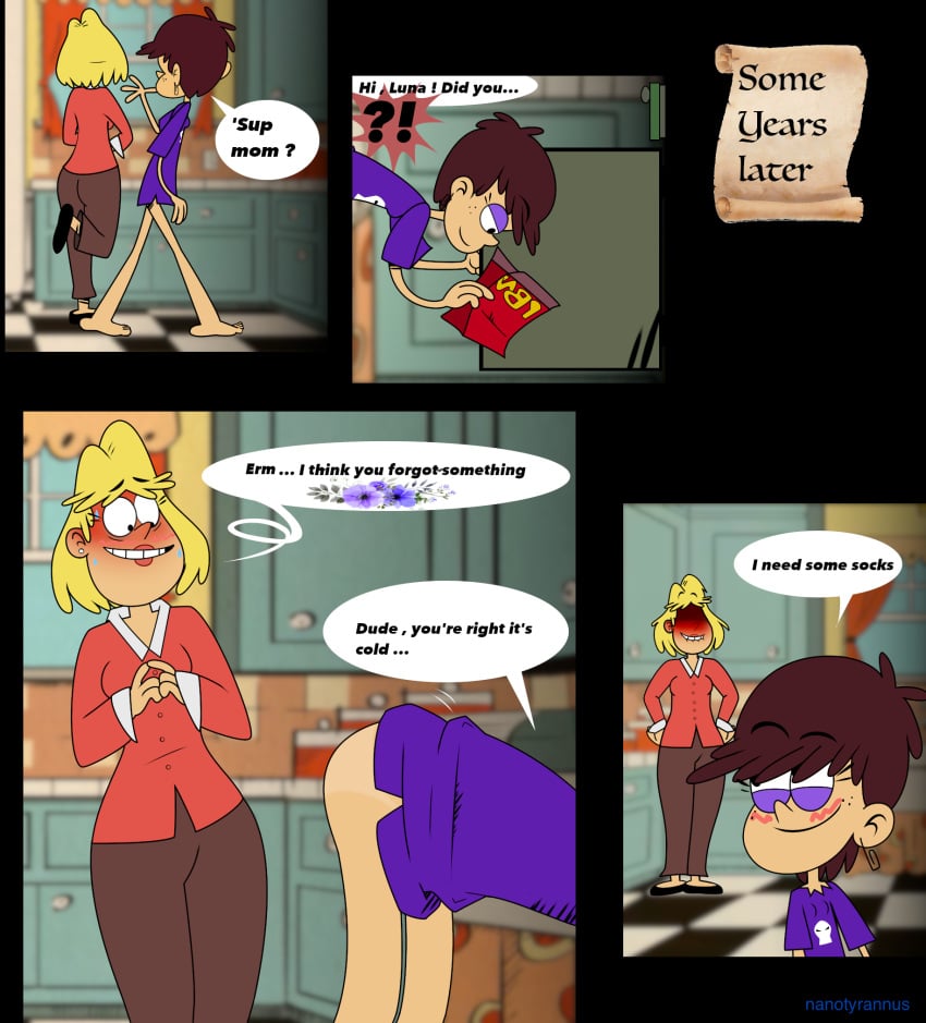 2girls adult_version aged_up ass ass_awe barefoot bending_over bitting_lip blush bottomless dialogue english_text kitchen looking_at_ass luna_loud mother_and_daughter nanotyrannus no_panties rita_loud soft tanline text the_loud_house uncensored yuri