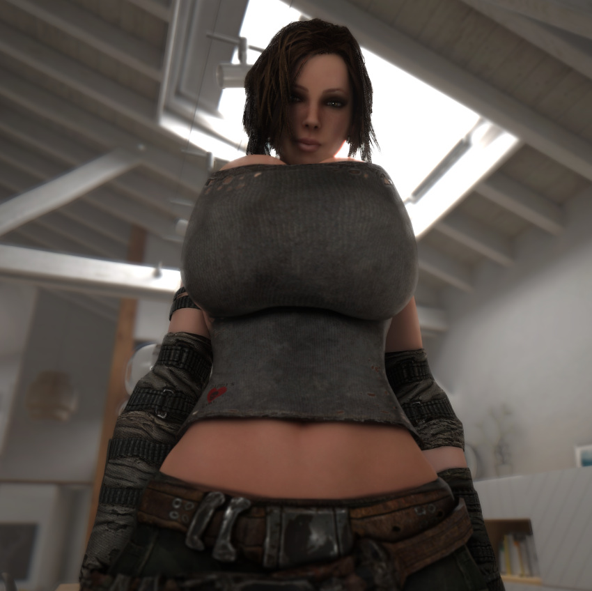 1girls 3d 3d_(artwork) alternate_breast_size breasts breasts_bigger_than_head breasts_bigger_than_torso breasts_focus brown_hair bulletstorm cleavage clothed clothed_female electronic_arts epic_games female female_only female_solo from_below huge_breasts human human_female human_only looking_at_viewer people_can_fly shirt_pull solo solo_female top_heavy top_heavy_breasts trishka_novak upper_body vaako