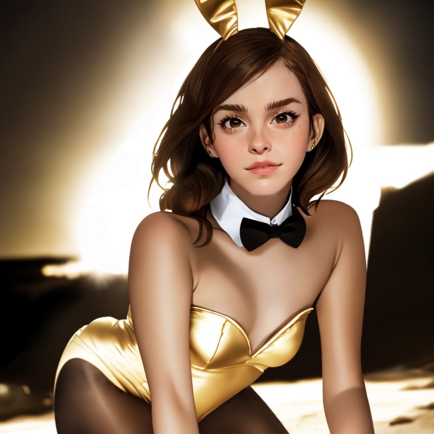 3d_(artwork) ai_generated black_bowtie bunny_ears emma_watson gold_bunny_ears gold_leotard harry_potter hermione_granger l_mammc lmmai playboy_bunny playboy_bunny_costume playboy_bunny_leotard playboy_suit realistic realistic_breast_size stable_diffusion