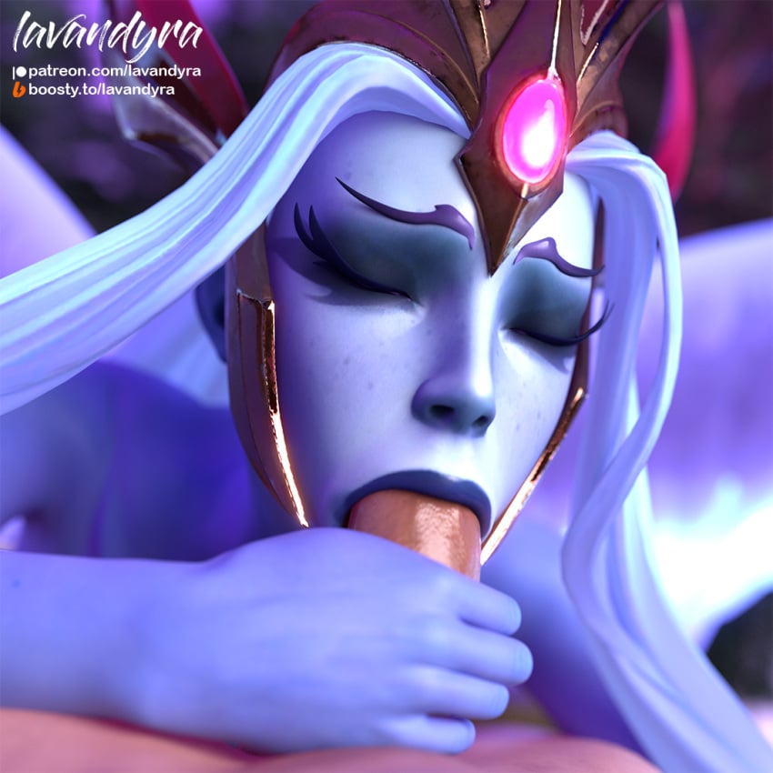 3d 3d_(artwork) blender blowjob blowjob_face blue_skin close-up closed_eyes crown dota_2 lavandyra light-skinned_male monster_girl nude nude_female nude_male penis princess red_eyes sex sucking sucking_penis vengeful_spirit white_hair