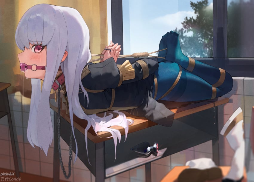 1girls 240mmap arms_behind_back ball_gag blue_pantyhose bondage bound bound_arms bound_legs butt_plug chains collar female female_only fire_emblem fire_emblem:_three_houses gag gagged highres indoors leash long_hair lying lysithea_von_ordelia on_stomach on_table pantyhose piercing pink_eyes restrained sex_toy shibari_over_clothes skirt solo table white_hair