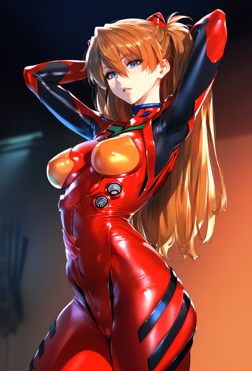 ai_generated arms_up asuka_langley_sohryu blue_eyes bodysuit cameltoe hair_ornament long_hair neon_genesis_evangelion orange_hair sayuai twintails