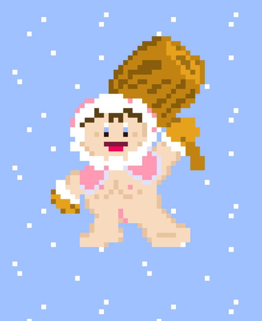 1girls breasts brown_hair female female_only gloves hammer hoodie ice_climber naked nana nana_(ice_climber) pink_nipples pink_pussy pink_vagina pixel_art pussy solo vagina