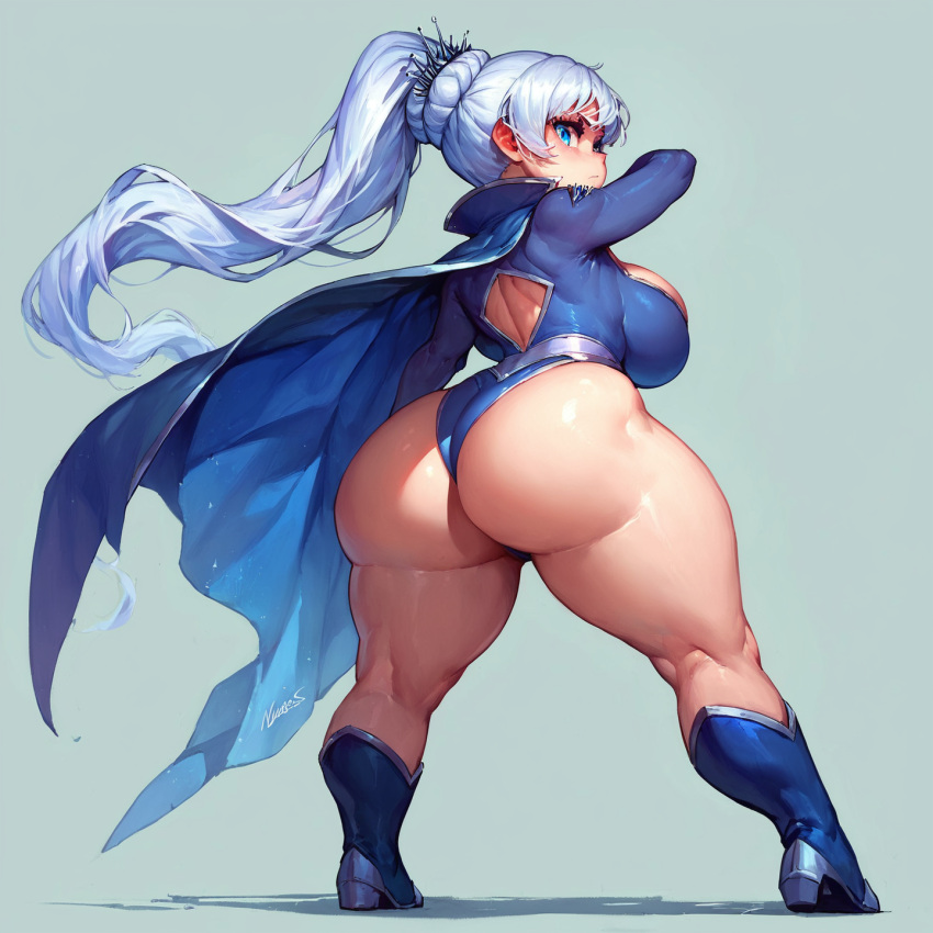 1girls ai_generated angry_face ass ass_focus big_ass big_breasts blue_dress boots busty cape clickyclacky female female_only giant_ass giant_breasts huge_ass huge_breasts leotard midget mistral_outfit rear_view rwby shortstack solo thick_thighs thighs voluptuous voluptuous_female weiss_schnee weiss_schnee_(mistral) white_hair