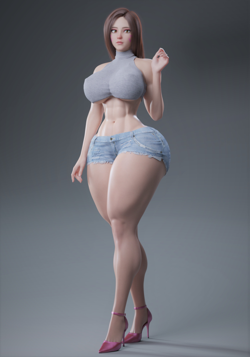 1girls 3d alternate_ass_size alternate_body_type alternate_breast_size ass audrix big_ass big_breasts breasts d.va denim_shorts female female_only high_heels overwatch overwatch_2 solo thick toned toned_female turtleneck underboob voluptuous_female