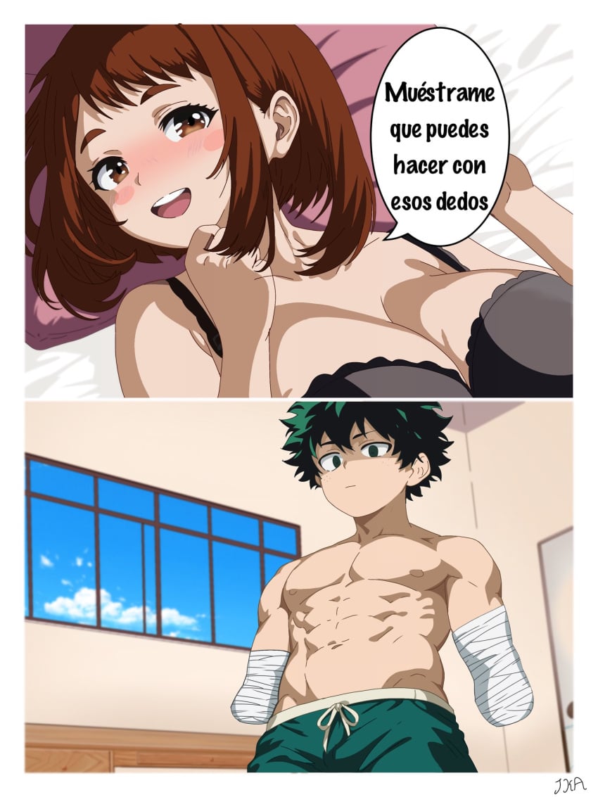 1girls amputee armless bandages black_bra boku_no_hero_academia breasts brown_eyes brown_hair green_eyes green_hair green_shorts izuku_midoriya lingerie missing_arm my_hero_academia ochako_uraraka serious serious_look spanish_text straight text_bubble