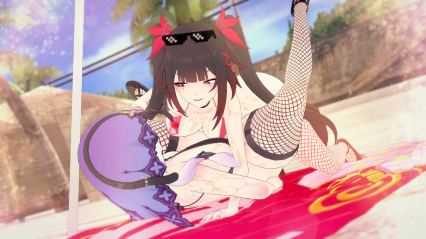 1girls 3d beach bikini black_swan_(honkai:_star_rail) female fishnets futa_on_female futanari honkai:_star_rail honkai_(series) koikatsu sparkle_(honkai:_star_rail) tagme vostrumdeus