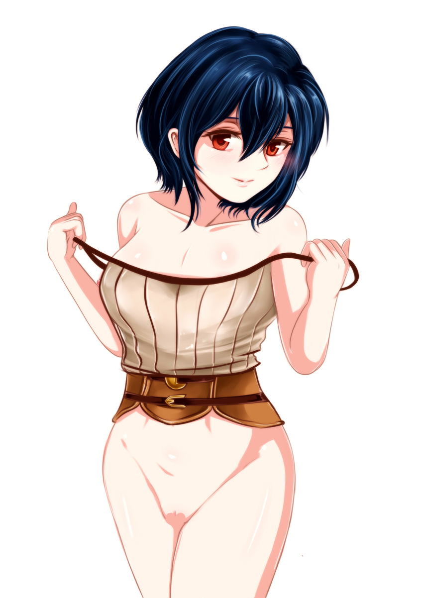 bad_censor blue_hair bottomless breasts censored covering covering_crotch female fire_emblem fire_emblem_awakening medium_breasts morgan_(fire_emblem) morgan_(fire_emblem)_(female) red_eyes short_hair wingr