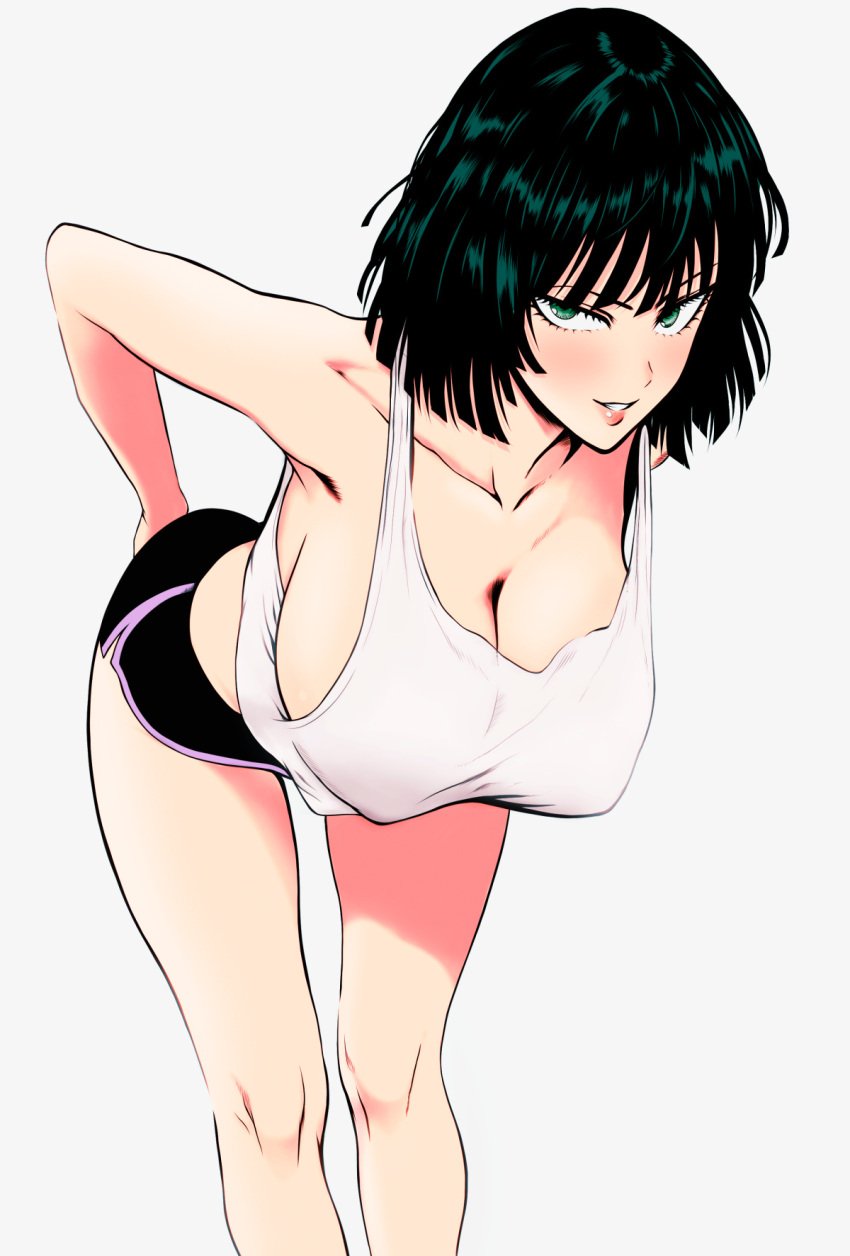 1girls alternate_version_available bent_over big_breasts black_shorts bottomwear breasts cleavage color colored dark_green_hair female female_only fubuki_(one-punch_man) green_eyes green_hair hair huge_breasts leaning_forward lips looking_at_viewer mostlybluewyatt one-punch_man short_hair shorts smile solo solo_female sports_uniform sportswear third-party_edit topwear ultraeditsx