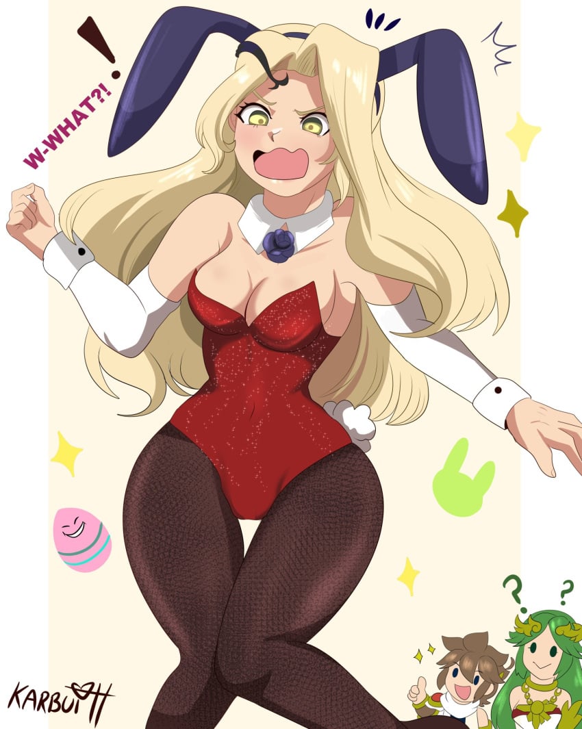 blonde_hair bunny_ears bunnysuit cleavage collar cuffs karbuitt kid_icarus kid_icarus_uprising nintendo palutena pantyhose pit_(kid_icarus) shocked_expression thick_thighs viridi yellow_eyes