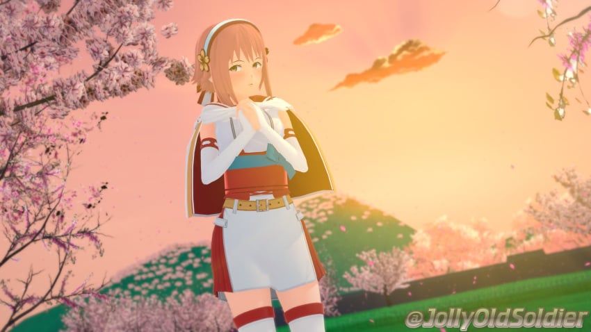 1girls 3d bangs bare_thighs breasts bridal_gauntlets capelet cherry_blossoms dress female female_only fire_emblem fire_emblem_fates hairband japanese_clothes jollyoldsoldier mountain nintendo open_mouth outdoors own_hands_together red_eyes red_hair sakura_(fire_emblem) short_hair small_breasts solo sunset thighhighs thighs tree