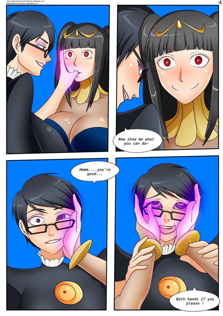 absurdres ahe_gao bayonetta bayonetta_(character) bayonetta_(series) biting_lip black_hair breasts cleavage comic consensual consensual_hypnosis english_text female_only femdom femsub finger_in_mouth finger_sucking finger_to_mouth fire_emblem fire_emblem_awakening glasses happy_trance heart hypnosis jewelry large_breasts long_hair magic mind_control nintendo oo_sebastian_oo open_mouth ring_eyes short_hair smile speech_bubble text tharja_(fire_emblem) tongue tongue_out yuri