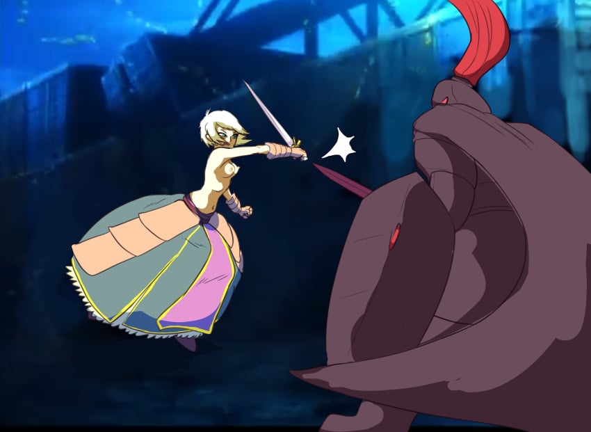 1boy 1boy2girls 1girls artoria_pendragon black_knight blonde_hair breasts fate_(series) female green_eyes male midriff nekozumia nipples shield sword