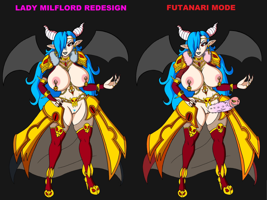 alternate_costume areola bangs blue_hair breasts demon demon_girl earrings futanari gigantic_penis hair_over_one_eye heels high_heel_boots high_heels horns huge_breasts huge_cock huge_nipples hyper hyper_penis intersex kid_kaos lady_milflord large_breasts long_hair makeup milf model_sheet monster_girl nipple_piercing nipples pale_skin perky_breasts piercings pointy_ears pose pubic_hair red_eyes unconvincing_armor wings witchking00