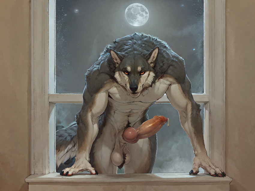 ai_generated anthro ball_tuft balls bedroom_eyes big_balls big_penis bodily_fluids canid canine canis climbing crotch_tuft erection genital_fluids genitals knot leaking_precum light looking_at_viewer male mammal moon moonlight muscular muscular_male narrowed_eyes night night_sky nude_male penis precum saggy_balls seductive solo sysns tuft vein veiny_penis window wolf