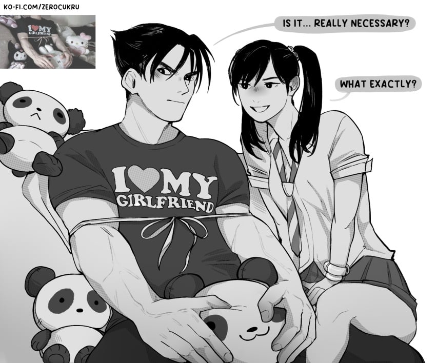 asian asian_female asian_male black_hair blush canon_couple couple hello_kitty hello_kitty_(series) jin_kazama kazama_jin ling_xiaoyu meme monochrome muscular muscular_male namco panda plushie reference_image ribbon school_girl school_uniform schoolgirl self_upload shy skirt smile teasing teen teenage_girl teenager tekken tekken_8 text text_bubble tie tshirt twintails veiny_hands wholesome zerocukru