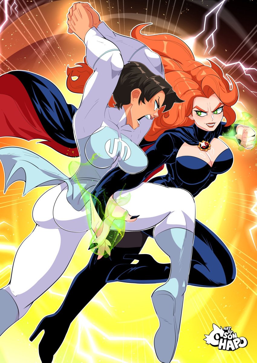 2girls anissa artist_logo ass big_ass big_breasts black_hair cape cleavage clone crossover female female_only fight fighting fighting_stance goblin_queen_(x-men) green_eyes high_heel_boots high_heels human human_only image_comics invincible light-skinned_female light_skin madelyne_pryor marvel marvel_comics red_hair short_hair short_hair_female skin_tight skin_tight_suit sonchapo viltrumite viltrumite_uniform x-men x-men_97