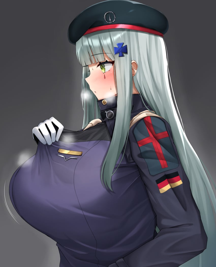 absurdres alternate_breast_size beret blush breasts commentary_request cross cross_hair_ornament female german_flag gigantic_breasts girls'_frontline grey_background grey_hair hair_ornament hat highres hk416_(girls'_frontline) long_hair looking_to_the_side simple_background solo teardrop_tattoo yellow_eyes zawashi_(zawashio1013)