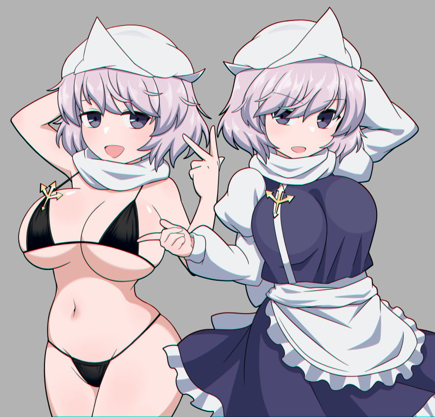 big_breasts bikini black_bikini female hat highres huge_breasts lapel_pin letty_whiterock mature_female medium_hair mob_cap multiple_views navel purple_eyes purple_hair scarf solo swimsuit touhou white_scarf zawapirori