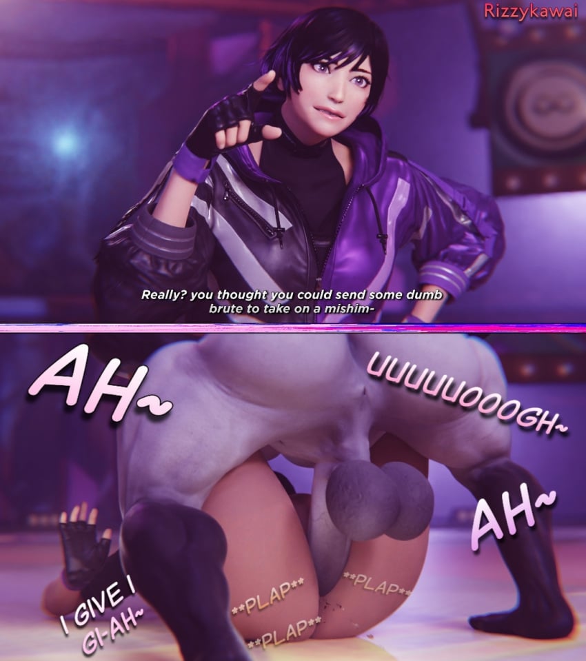 1boy 1girls 3d 3d_(artwork) anus asian_female ass balls bandai_namco black_and_purple_hair clothed_female clothes collar comic_page defeat defeated dominant_male english_text erect_penis erection female fingerless_gloves forced_sex instant_loss instant_loss_2koma male male_on_top naked_male namco nude_male outlast partial_male penis penis_in_pussy purple_hair reina_mishima rizzykawai short_hair submissive_female tekken tekken_8 vaginal vaginal_sex walrider