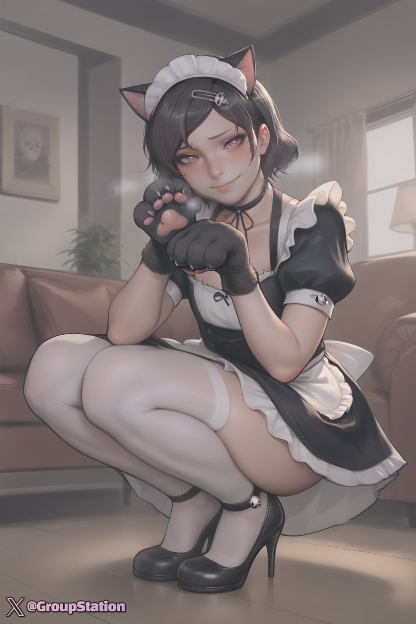 1boy ai_generated ass blush cat_ears cat_paws crossdressing cute_male femboy feminine_male girly groupstation hairclip hi_res high_heels living_room maid maid_headdress maid_outfit maid_uniform male male_only on_floor paw_gloves ribbon_choker seductive_look sofa solo solo_male squatting steins;gate stockings trap urushibara_ruka white_legwear