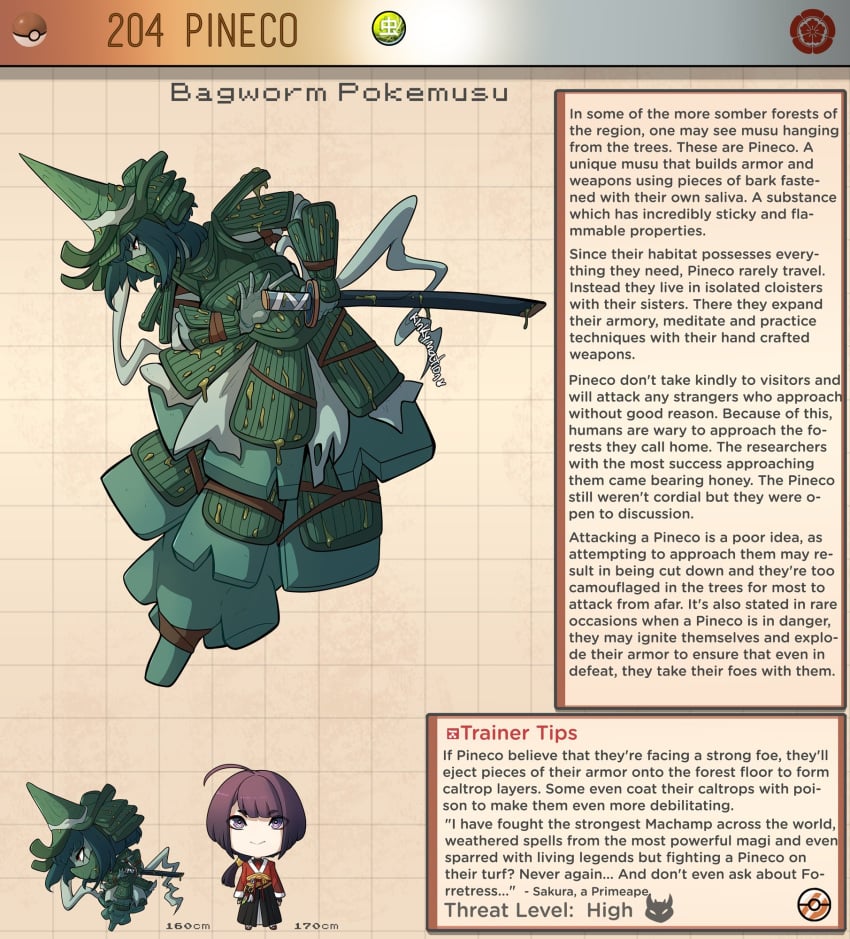 1boy 1girls armor creature_index english_text female generation_2_pokemon highres katana kinkymation male melee_weapon nintendo pineco pokemon pokemon_(species) pokemorph pokemusu profile sheathed_weapon sword text text_box weapon