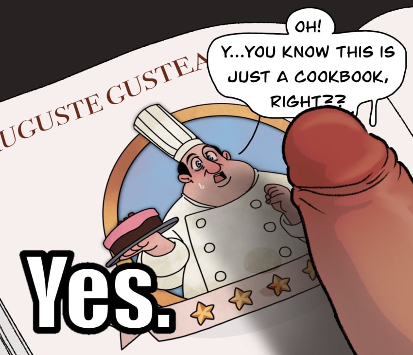 animate_inanimate artist_request auguste_gusteau book cake chef_hat english_text fat_man gay humor illustration male male_only penis ratatouille surprised tagme text