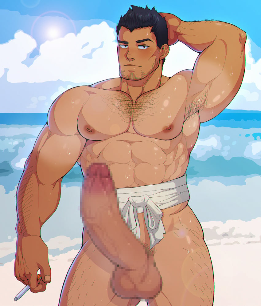 1boy armpit_stubble armpits artist_request bara beach beard_stubble bleach blush censored cheekbones cigarette cowboy_shot day erection facial_hair girthy_penis hairy highres holding holding_cigarette huge_cock kurosaki_isshin large_pectorals looking_at_viewer male_focus mature_male midriff_sarashi mosaic_censoring muscular muscular_male navel nipples pectorals penis sarashi short_hair solo solo_male sparse_arm_hair sparse_leg_hair standing strongman_waist stubble tan thick_thighs thighs water