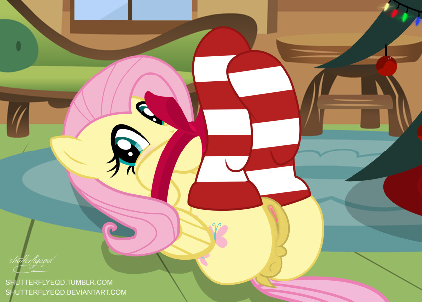 2016 anus blue_eyes christmas christmas_tree clothed clothing equine feathered_wings feathers female feral fluttershy_(mlp) friendship_is_magic fur hair hi_res holidays inside legwear looking_at_viewer lying mammal my_little_pony on_back pegasus pink_hair presenting pussy shutterflyeqd socks sofa solo tree window wings yellow_feathers yellow_fur