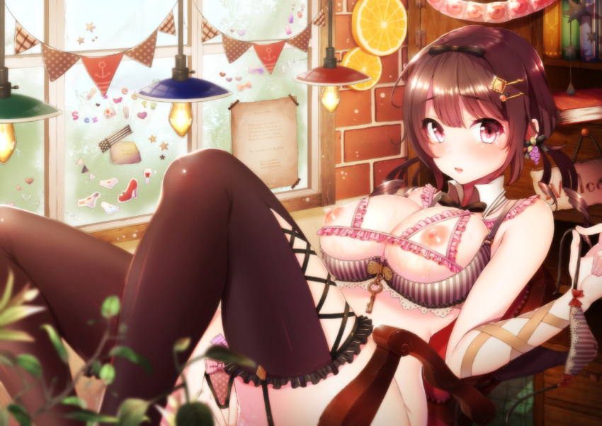 armchair bangs between_legs black_legwear blurry blush book bookshelf bow bra breasts brick brick_wall brown_hair ceiling_light chair covering covering_crotch depth_of_field desk detached_collar female food frills fruit garter_straps hair_ornament hair_ribbon hairbow hairclip hand_between_legs holding holding_panties indoors key knees_up lace lace-trimmed_bra lace-trimmed_panties large_breasts long_hair looking_at_viewer low_twintails neck_ribbon nipples orange orange_slice original out-of-frame_censoring panties panties_removed parted_lips pennant plant pussy_juice reclining red_eyes ribbon ringlets shelf_bra side-tie_panties solo sticker striped striped_bra striped_panties suiheisen thighhighs tied_hair twintails underwear underwear_only untied untied_panties vertical-striped_panties vertical_stripes window