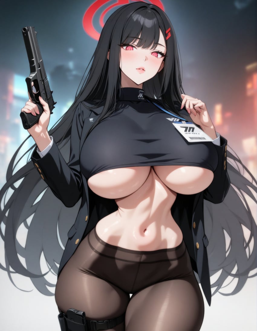 1girls ai_generated blazer blue_archive dark_hair firearm gun lewdwaifulaifu long_hair looking_at_viewer massive_breasts millennium_science_school_student pistol red_eyes rio_(blue_archive) seminar_(blue_archive) slim_waist thick_thighs thighs tsukatsuki_rio underboob weapon wide_hips