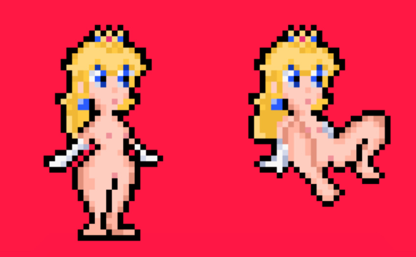 blonde_female blonde_hair blue_eyes boobs crown gloves legs legs_spread mario_(series) muymal pink_nipples pink_pussy pixel_art princess princess_peach pussy super_princess_peach vagina