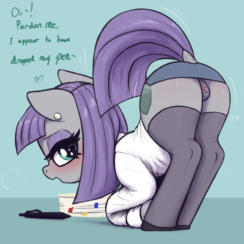 1:1 2d absurd_res ass ass_up bent_over blush bottomwear clothed clothing dialogue english_text equid equine eyelashes female feral friendship_is_magic full_color genitals grey_body hair hasbro hi_res legwear mammal maud_pie_(mlp) my_little_pony no_penetration no_underwear pupils purple_hair pussy quadruped skirt solo solo_female t72b text thigh_highs vagina