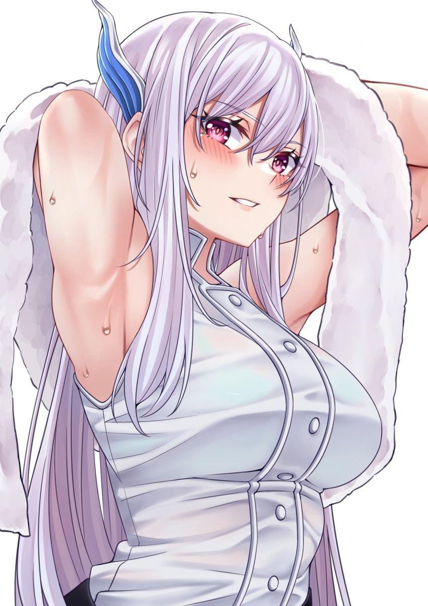 armpit_fetish armpits long_hair looking_at_viewer mato_seihei_no_slave medium_breasts red_eyes sleeveless sleeveless_shirt sweat sweating towel uzen_kyouka wanzi_(99wanzi99) white_hair