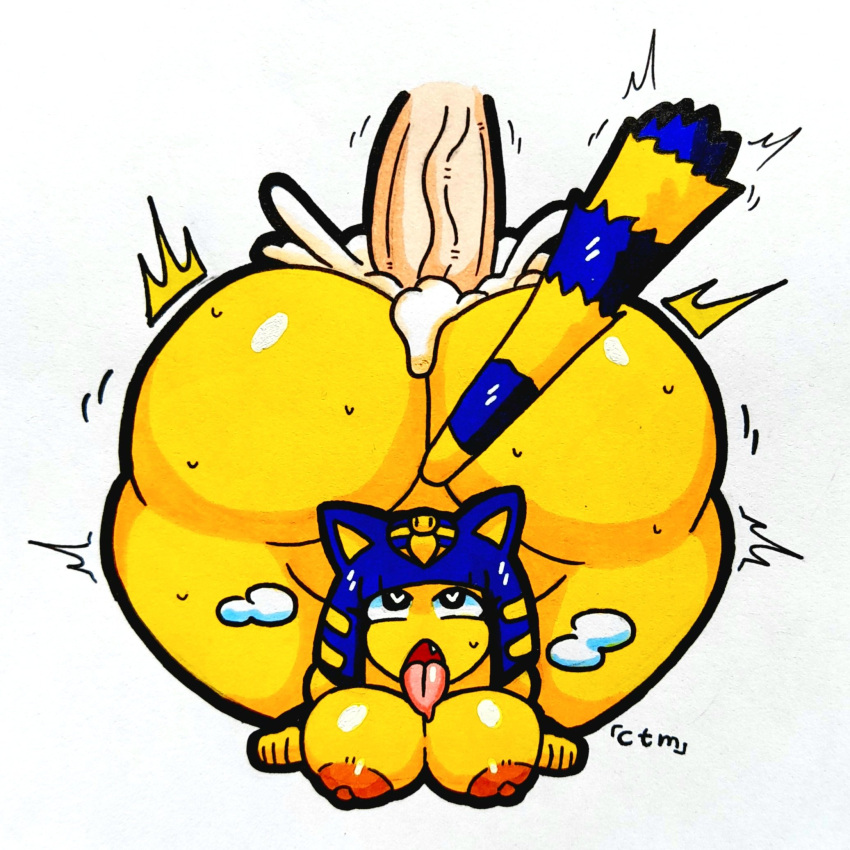 1:1 ahe_gao ambiguous_penetration animal_crossing ankha ankha_(animal_crossing) anthro areola ass ass_up big_butt big_penis black_eyes blue_body blue_fur blue_hair bodily_fluids bottom_heavy breasts cum cum_inside disembodied_penis domestic_cat egyptian_headdress ejaculation eyelashes felid feline felis female fur genital_fluids genitals hair heart_eyes heart_symbol hi_res huge_butt huge_cock looking_pleasured male male/female mammal markings mr.ctm mr_ctm nintendo nipples nude open_mouth orange_areola orange_nipples penetration penis sex short_hair simple_background solo striped_markings striped_tail stripes sweat sweatdrop tail tail_markings tan_body tan_skin thick_thighs tongue tongue_out vein veiny_penis white_background wide_hips yellow_body yellow_fur