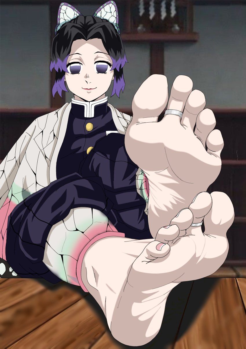 1girls absurd_res absurdres ara_ara barefoot black_hair butterfly_hair_ornament clothing color colored empty_eyes eyelashes feet feet_fetish feet_up female female_only foot_fetish foot_focus french_nails fully_clothed girl hair_ornament indoors kimetsu_no_yaiba kochou_shinobu light-skinned_female light_skin lips looking_at_viewer medium_hair multicolored_hair painted_nails pale-skinned_female pale_skin parted_bangs purple_eyes purple_hair short_hair sitting smile soles soles_female solo solo_female staring_at_viewer toe_ring toes wrinkled_soles