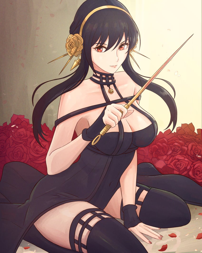 1girls asian asian_female black_dress black_hair busty choker cleavage fingerless_gloves golden_rose hairband japanese light-skinned_female light_skin necklace red_eyes rose spy_x_family thigh_high_boots thighhighs truejekart yor_briar yor_forger