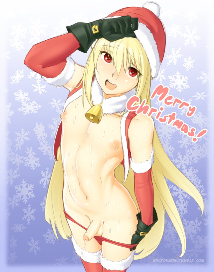 1boy balls blonde_hair christmas cum erection femboy foreskin girly long_hair looking_at_viewer male male_only necrosmos nemesis_(necrosmos) open_mouth original panties penis precum red_eyes santa_hat testicles text thighhighs trap uncut