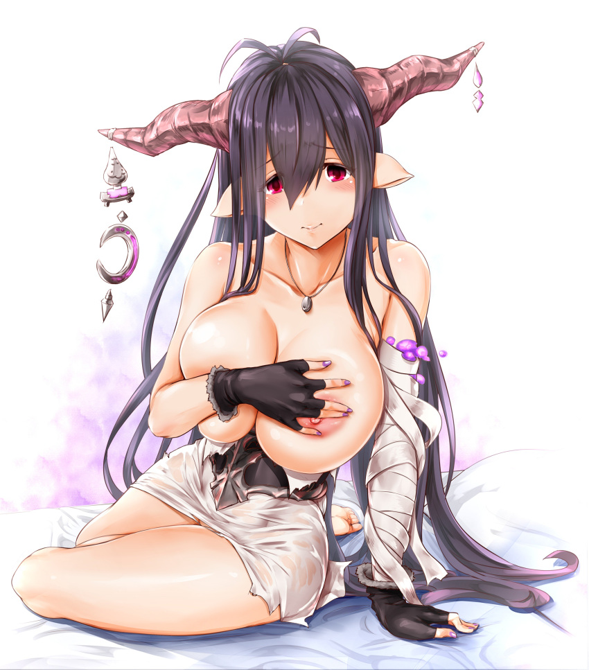 absurdres antenna_hair areolae bandage bandaged_arm black_gloves blush breasts cleavage covering covering_breasts crescent danua_(granblue_fantasy) dress female fingerless_gloves ganari_ryuu gloves granblue_fantasy hair_between_eyes highres horn_ornament horns jewelry large_breasts long_hair looking_at_viewer nail_polish necklace nipple_slip nipples no_bra pointy_ears purple_hair red_eyes solo white_dress