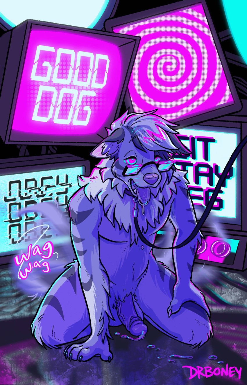 absurd_res anthro balls bodily_fluids border_collie canid canine canis collar collie digital_media_(artwork) domestic_cat domestic_dog drboney dripping drooling english_text eyewear felid feline felis fluffy fur genital_fluids genitals glasses good_dog hand_on_ground hand_on_leg hand_on_thigh herding_dog hi_res humanoid_genitalia humanoid_penis jake_(blazingpelt) kneeling leaking_precum leash leashed_collar lidded_eyes male male_only mammal markings mind_control neck_tuft nude obey open_mouth pastoral_dog penis precum precum_on_ground ringed_eyes saliva screen sheepdog solo species_transformation spiral striped_markings stripes submissive tabby_cat tail tail_motion tailwag teeth text tongue tongue_out transformation tuft