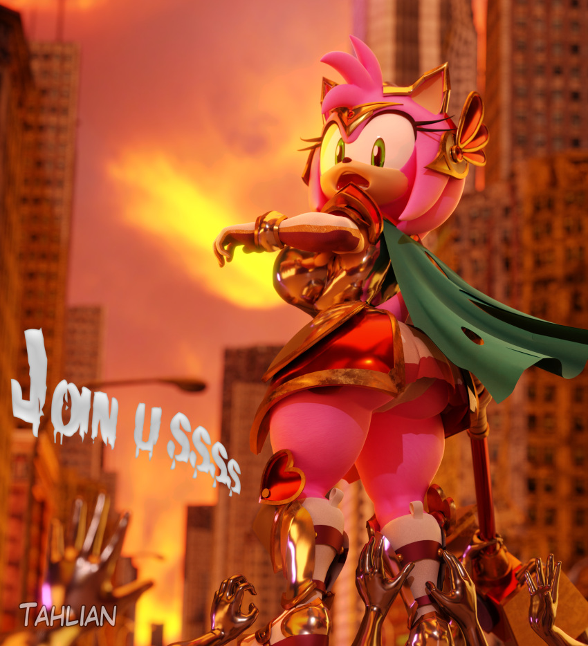 amy_rose armor big_ass big_breasts cape city_background disembodied_hand disembodied_hands female green_eyes hammer paladin_amy panties pink_body pink_hair reaching_up shocked sonic_(series) sonic_forces_speed_battle tahlian thick_thighs upskirt weapon