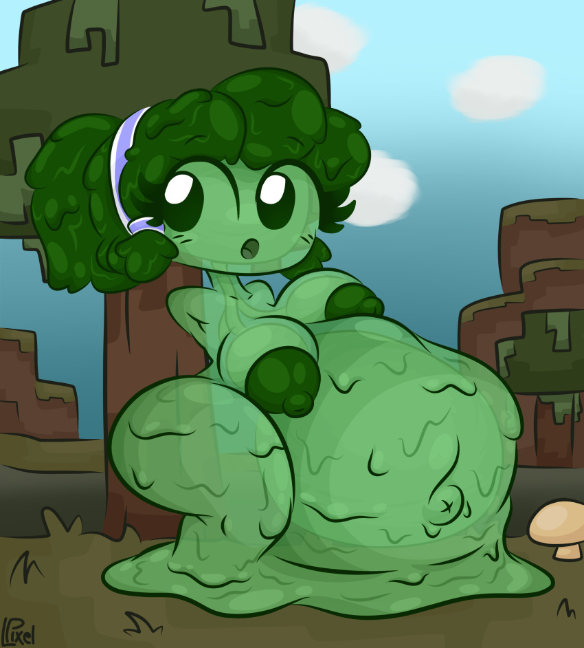 1girls bellybutton big_breasts huge_belly minecraft nipples nude slime_(minecraft) slime_girl