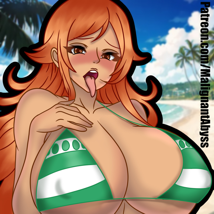 ahe_gao big_breasts bikini bikini_top breasts brown_eyes female female_focus female_only horny horny_female huge_breasts malignant_abyss nami nami_(one_piece) nipple_bulge one_piece orange_hair pokies post-timeskip solo solo_female solo_focus striped_bikini striped_bikini_top striped_clothing stripes tongue tongue_out