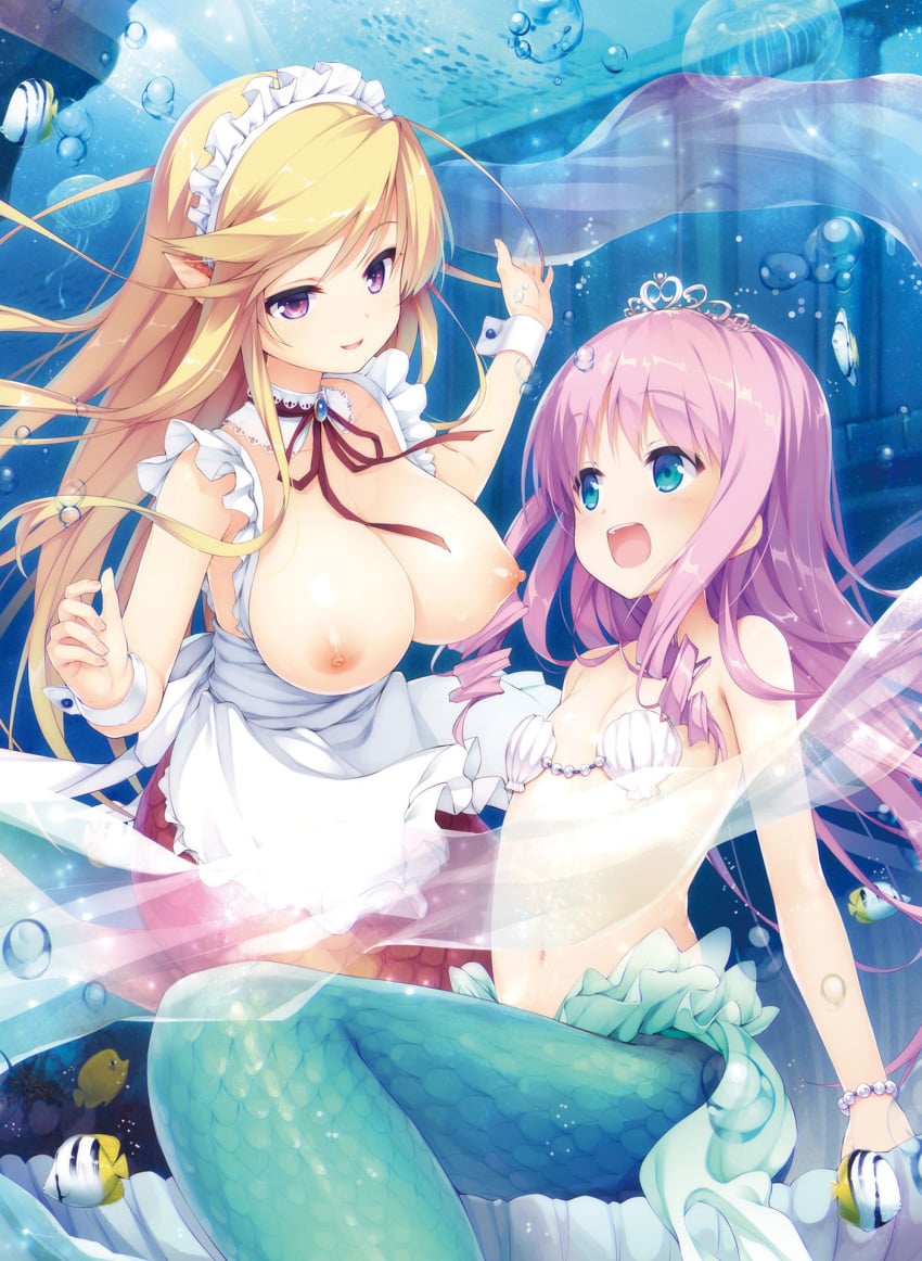 2girls apron artist_request blonde_hair blue_eyes blush breastless_clothes breasts bubble fish flat_chest head_fins highres jellyfish large_breasts long_hair mermaid monster_girl multiple_girls nipples open_mouth purple_eyes purple_hair senji_(tegone_spike) shawl shell shell_bikini small_breasts smile tiara underwater waist_apron