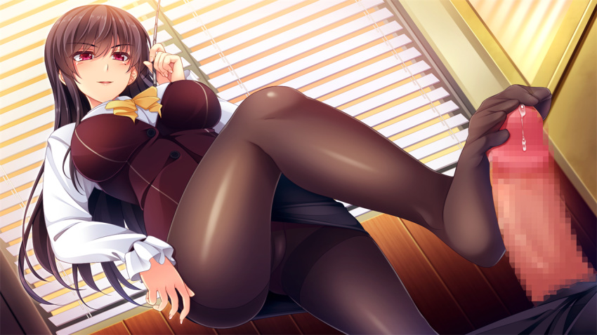 ayase_hazuki black_hair blush breasts cameltoe censored chobipero feet female femdom footjob footjob_with_legwear game_cg highres indoors large_breasts legs long_hair long_sleeves looking_down mole mole_under_eye mosaic_censoring no_shoes panties panties_under_pantyhose pantyhose pantyshot pantyshot_(standing) parted_lips penis pink_eyes skirt smile solo_focus standing standing_footjob thighs toes underwear zannen_na_ane_to_no_love_comedy