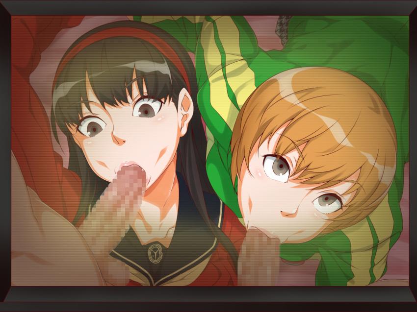 2girls :>= amagi_yukiko arm_up bed black_eyes black_hair blonde_hair breasts censored clothed_female_nude_male eyebrows eyebrows_visible_through_hair fellatio hairband highres jacket ko1444 long_hair long_sleeves looking_at_viewer looking_down lying mosaic_censoring multiple_girls oral penis persona persona_4 pov satonaka_chie school_uniform short_hair