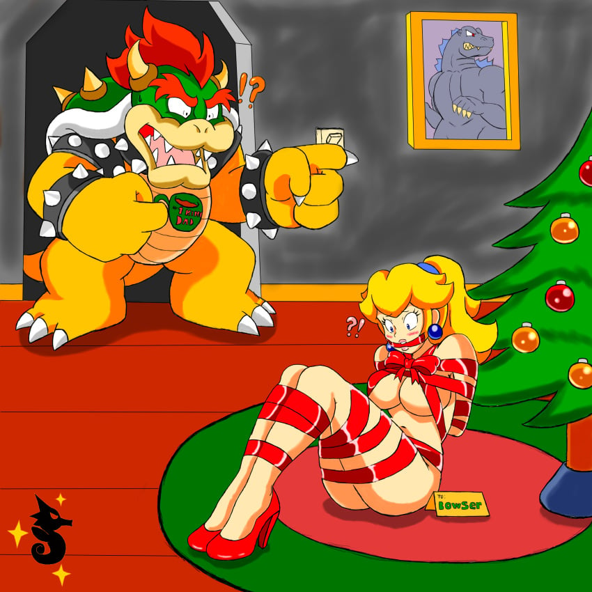 1boy 1girls arms_behind_back bad_end bondage bound bound_arms bound_legs bowser captured christmas enslaved female femsub firegon55 gag gagged gift gift_wrapped helpless holidays humiliation indoors male mario_(series) naked nintendo nude objectification princess princess_peach ribbon ribbon_bondage royalty shiningtatsu slave supergon55 surprised tagme text tied_up worried