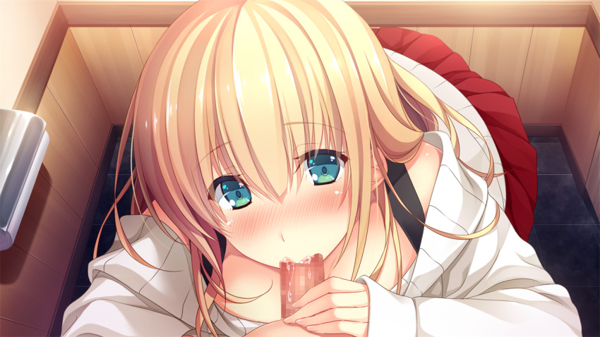 :>= ayase_hazuki blonde_hair blush breasts censored chobipero eyebrows eyebrows_visible_through_hair fellatio female game_cg green_eyes highres indoors long_hair long_sleeves looking_at_viewer mosaic_censoring oral penis pov red_skirt sitting skirt solo_focus zannen_na_ane_to_no_love_comedy