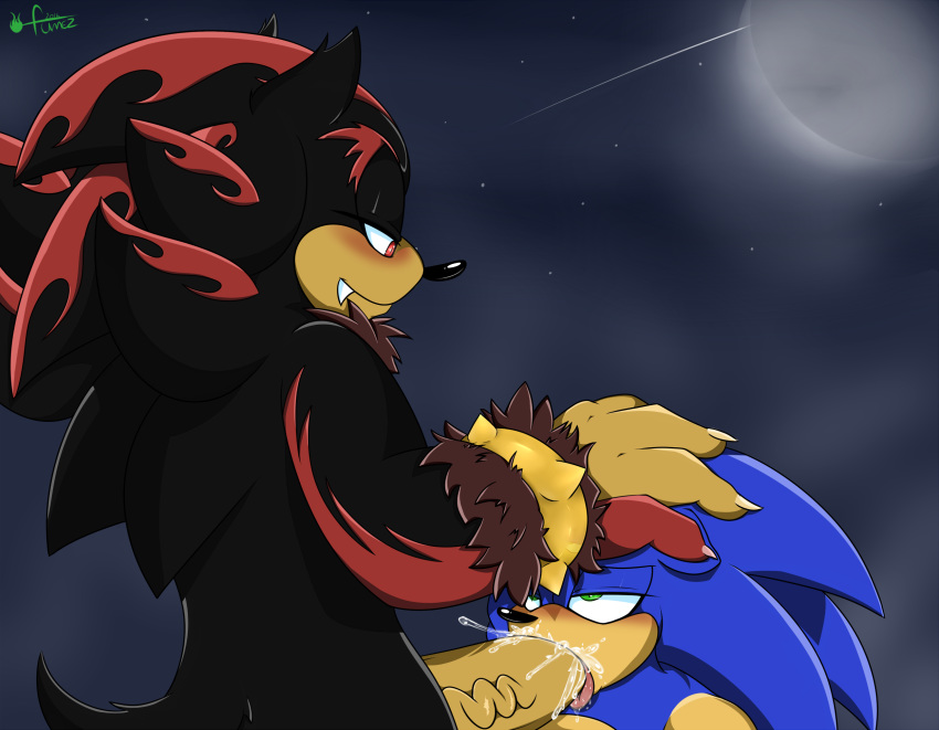 blue_fur cum_in_mouth flamez137 furry gay hand_on_head hedgehog male_only mammal oral penis shadow_the_hedgehog shadow_the_werehog sonic_(series) sonic_the_hedgehog werehog